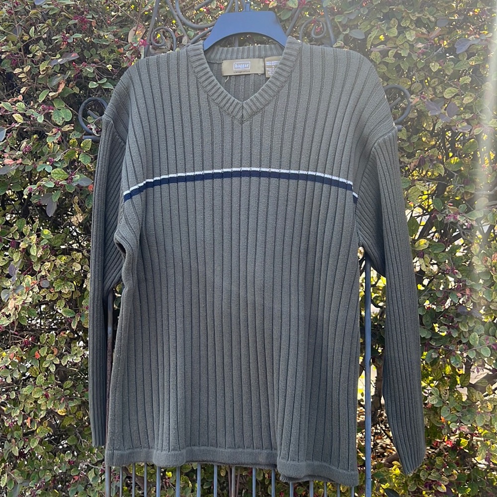 Haggar vintage cotton V-neck Sweater Large Olive Green/Navy stripe